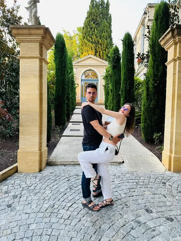 Spencer dipping Morgan in a cypress garden